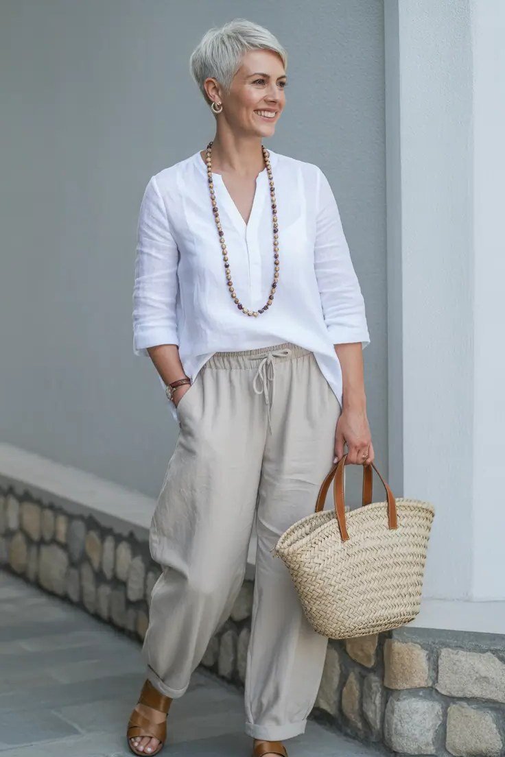 Woman over 60 wearing white blouse, beige drawstring trousers, basket bag, classy fall outfit idea
