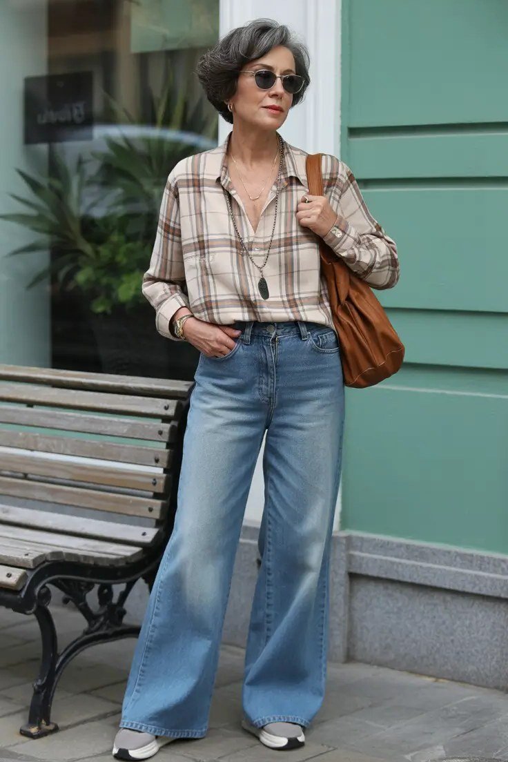Woman over 60 wearing plaid shirt, wide-leg jeans, tan bag, classy fall outfit idea
