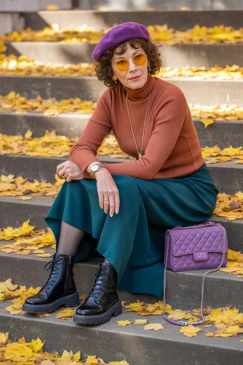 Woman over 60 wearing rust turtleneck, teal midi skirt, beret, black boots, autumn leaves, classy fall outfit idea