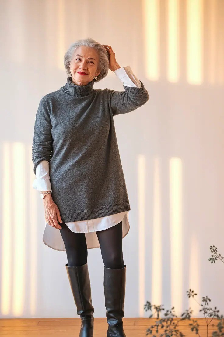 Woman over 60 wearing grey tunic sweater, white shirt layer, tall black boots, classy fall outfit idea