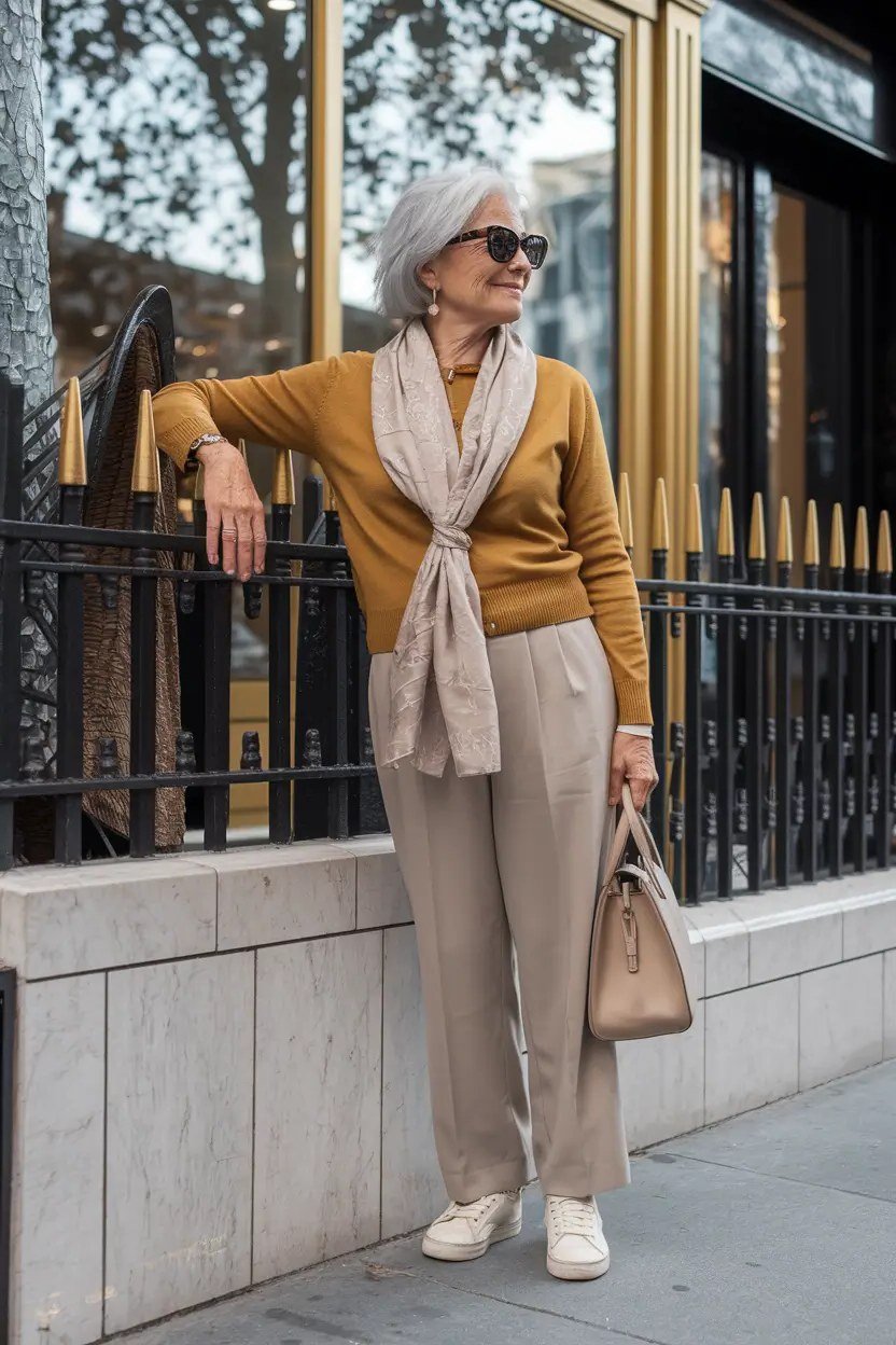 Woman over 60 wearing mustard cardigan, light scarf, beige trousers, white sneakers, classy fall outfit idea