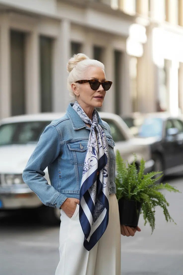 Woman over 60 wearing denim jacket, white wide trousers, patterned scarf, classy fall outfit idea