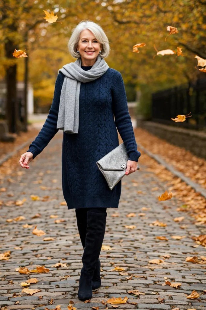 Woman over 60 wearing navy sweater dress, grey scarf, tall boots, autumn path, classy fall outfit idea