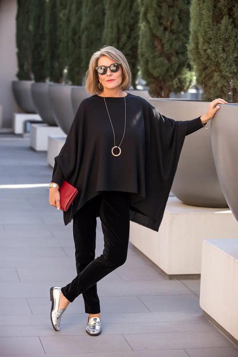 Woman over 60 wearing black poncho, black trousers, red clutch, classy fall outfit idea