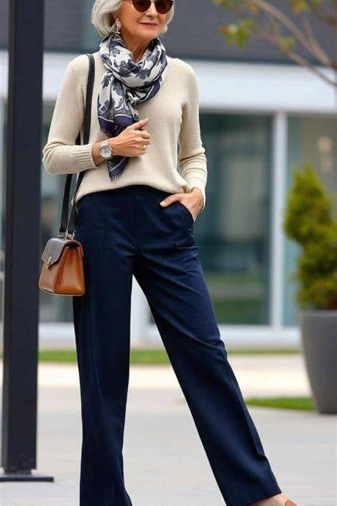 Woman over 60 wearing cream sweater, navy trousers, patterned scarf, classy fall outfit idea