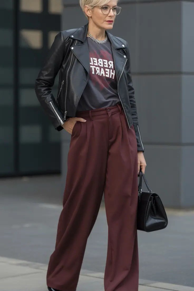 Woman over 60 wearing black leather jacket, burgundy wide trousers, black bag, classy fall outfit idea