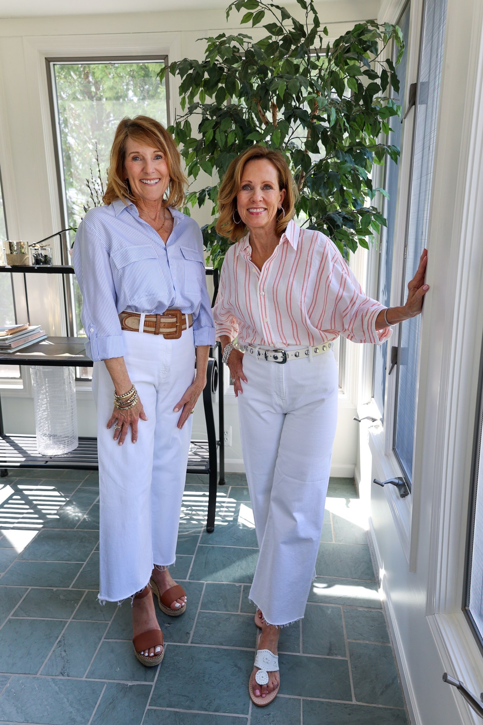 Pink striped and blue shirts with white jeans, casual outfits for women over 50