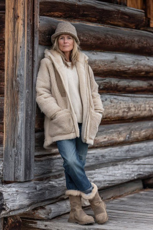 Shearling coat with jeans and fur boots, cozy winter casual outfit for women over 50