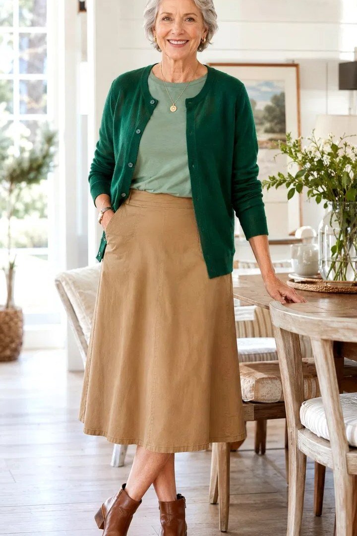 Emerald green cardigan with tan midi skirt and boots, casual outfit for women over 50