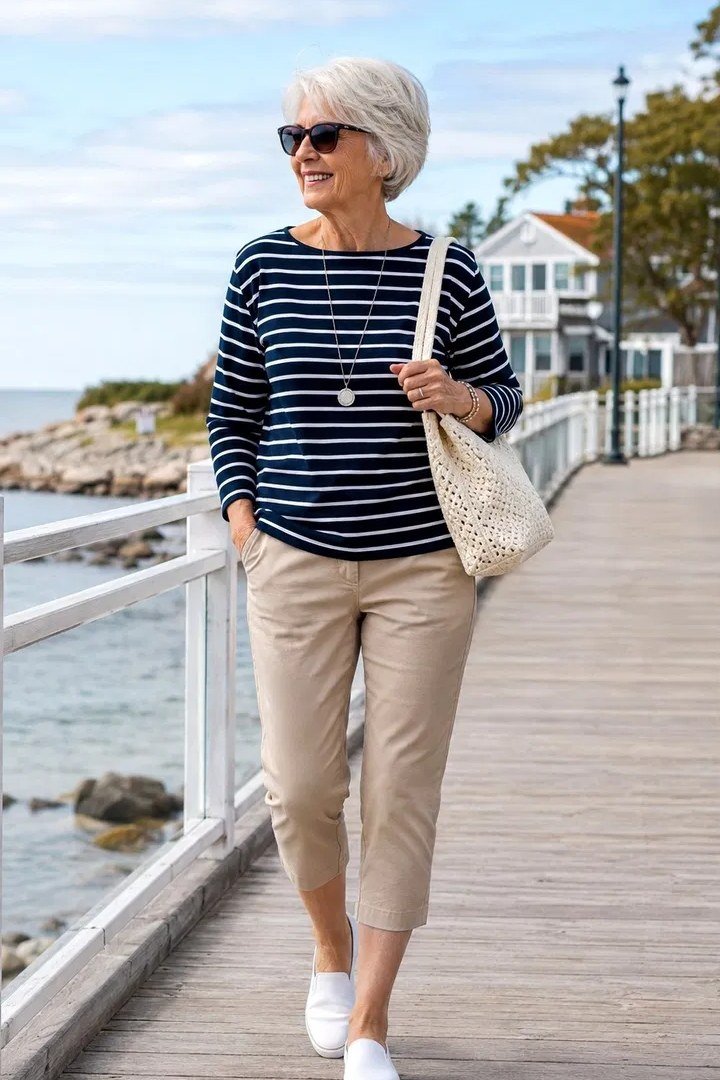 Navy striped top with beige capris on a boardwalk, casual outfit for women over 50