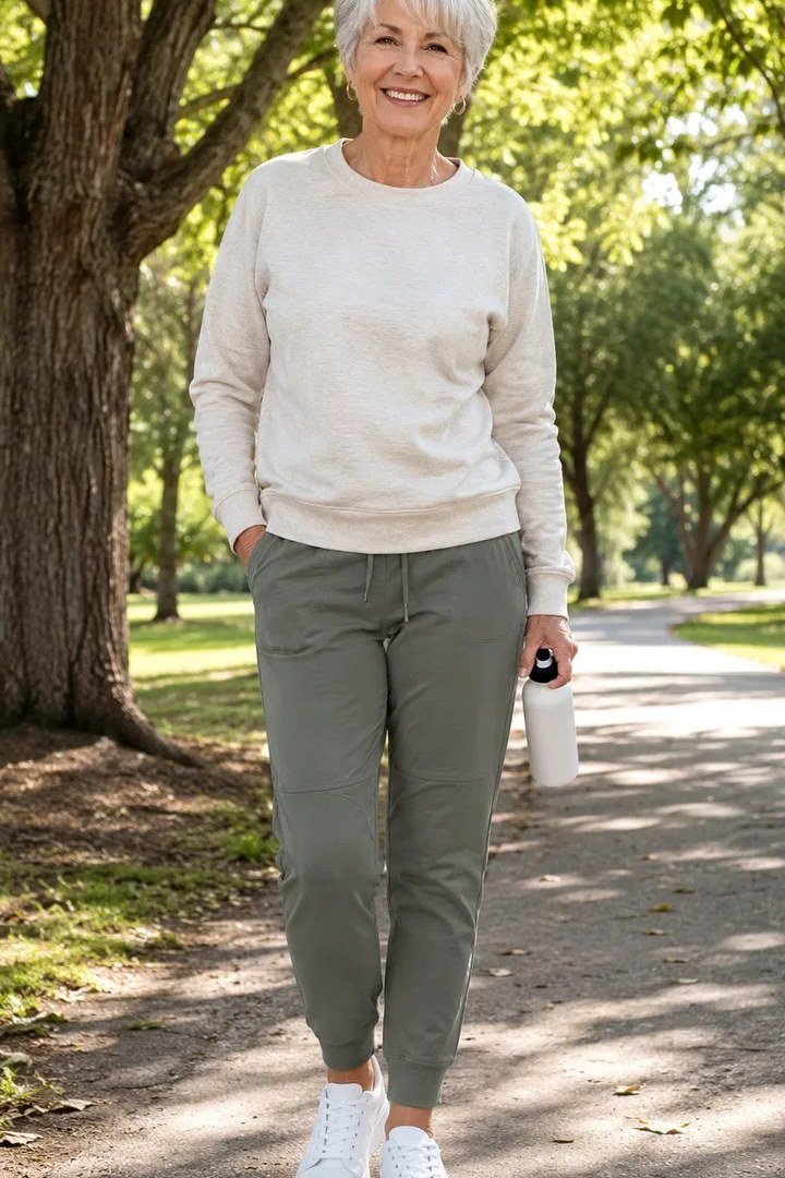Cream sweatshirt with olive joggers in a park, sporty casual outfit for women over 50