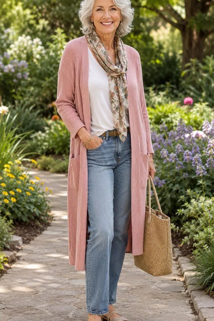 Long pink duster cardigan with blue jeans in a garden, casual outfit for women over 50