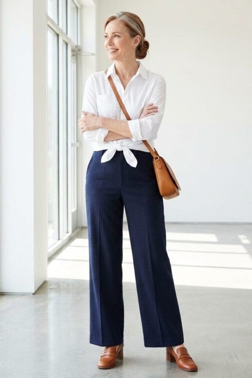 White shirt with navy wide-leg pants and crossbody bag, smart casual outfit for women over 50