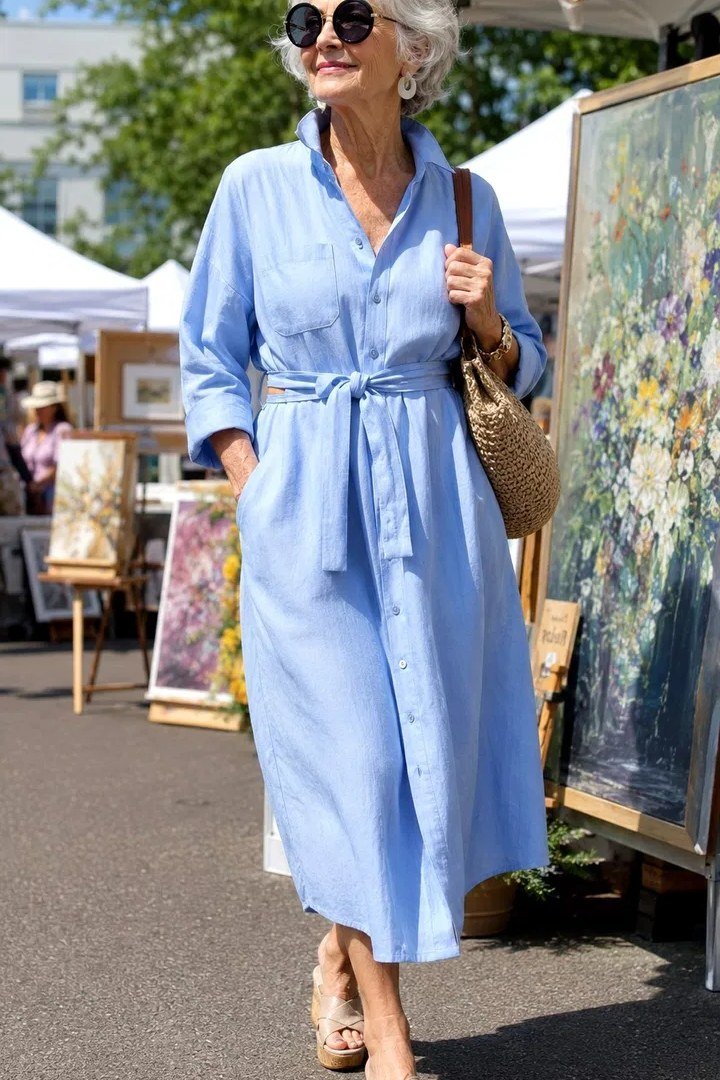 Light blue belted shirt dress at an art market, casual dress outfit for women over 50
