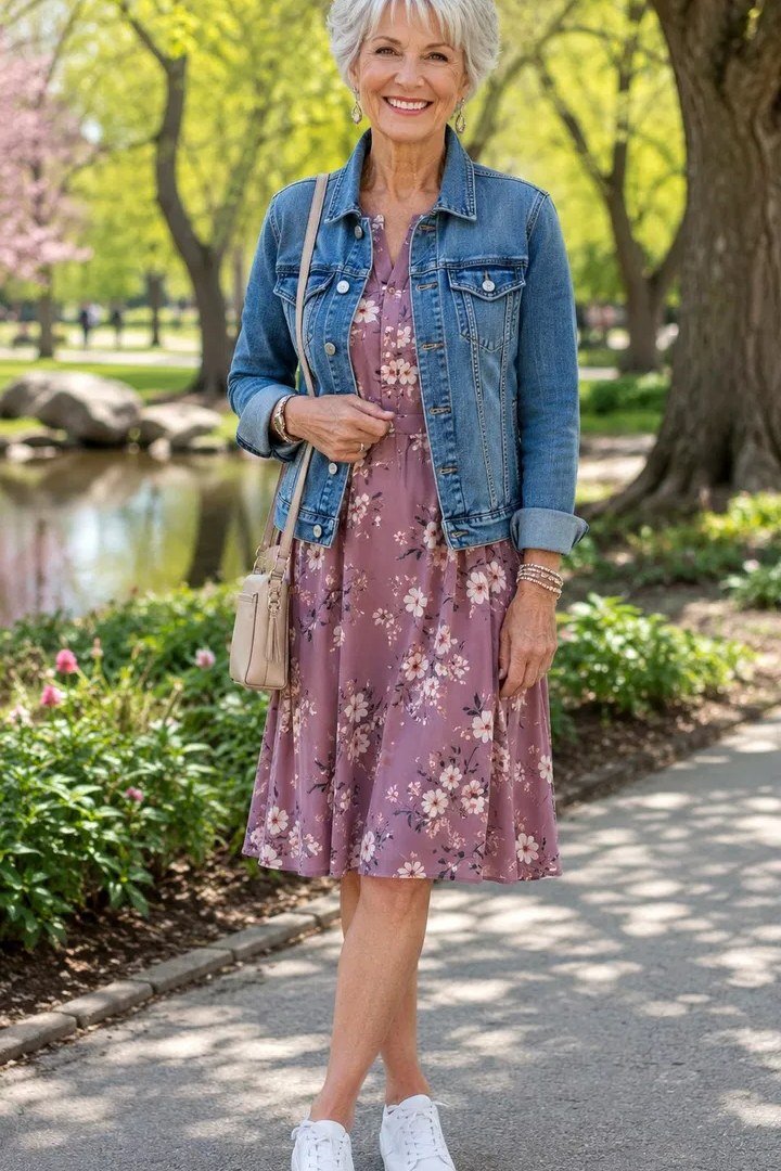 Denim jacket with floral midi dress in a park, casual outfit for women over 50