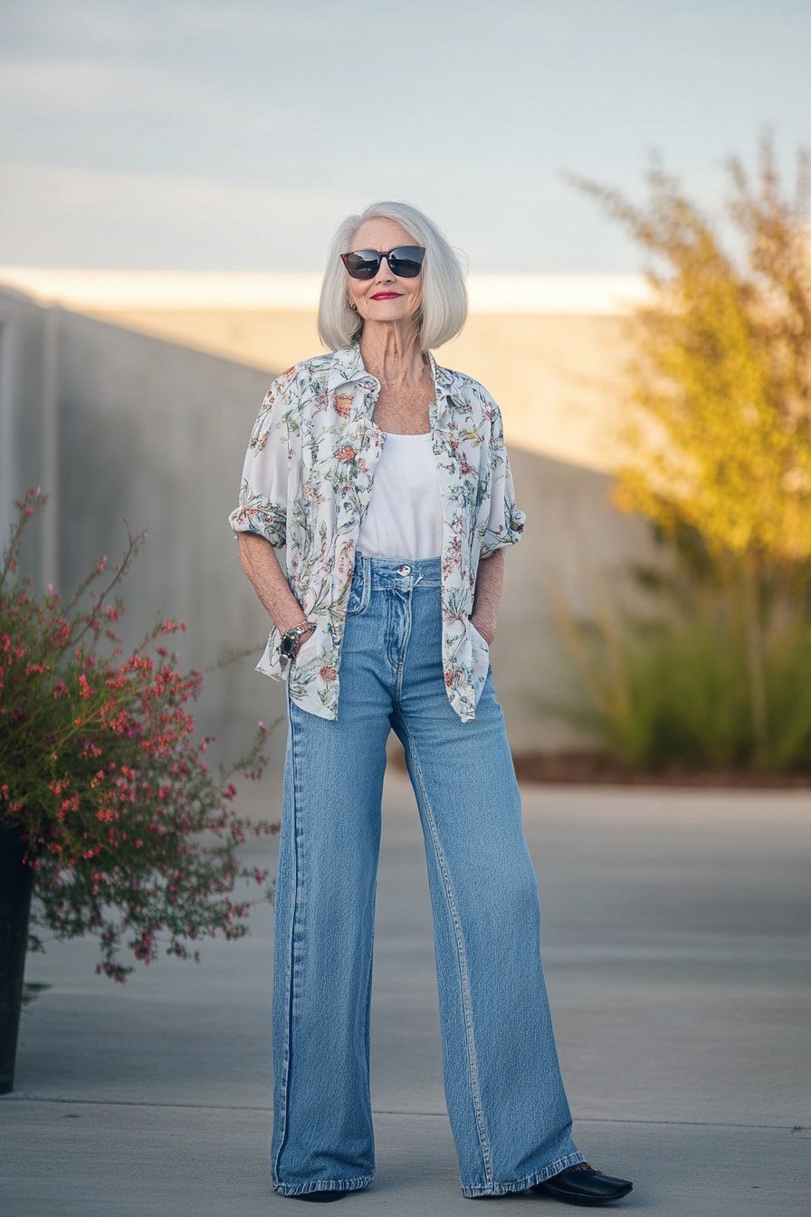Floral kimono jacket with wide-leg jeans, boho casual outfit for women over 50