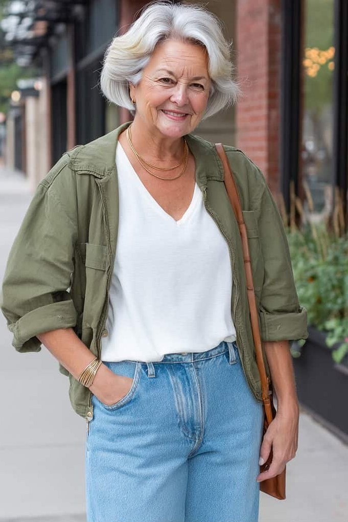 White tee with olive overshirt and light jeans, casual layered outfit for women over 50