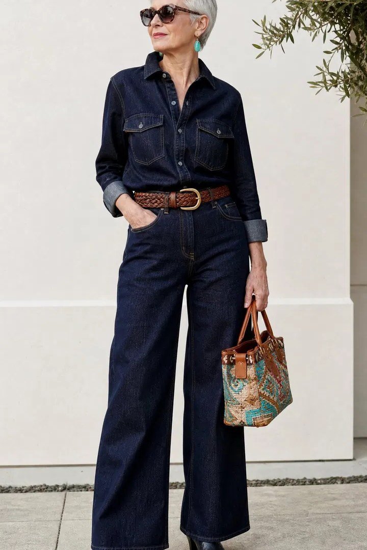 Dark denim jumpsuit with woven belt, one-and-done casual outfit for women over 50