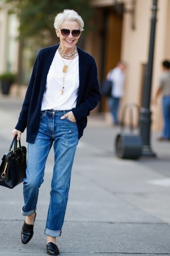 Navy cardigan with white top and jeans on the street, classic casual outfit for women over 50