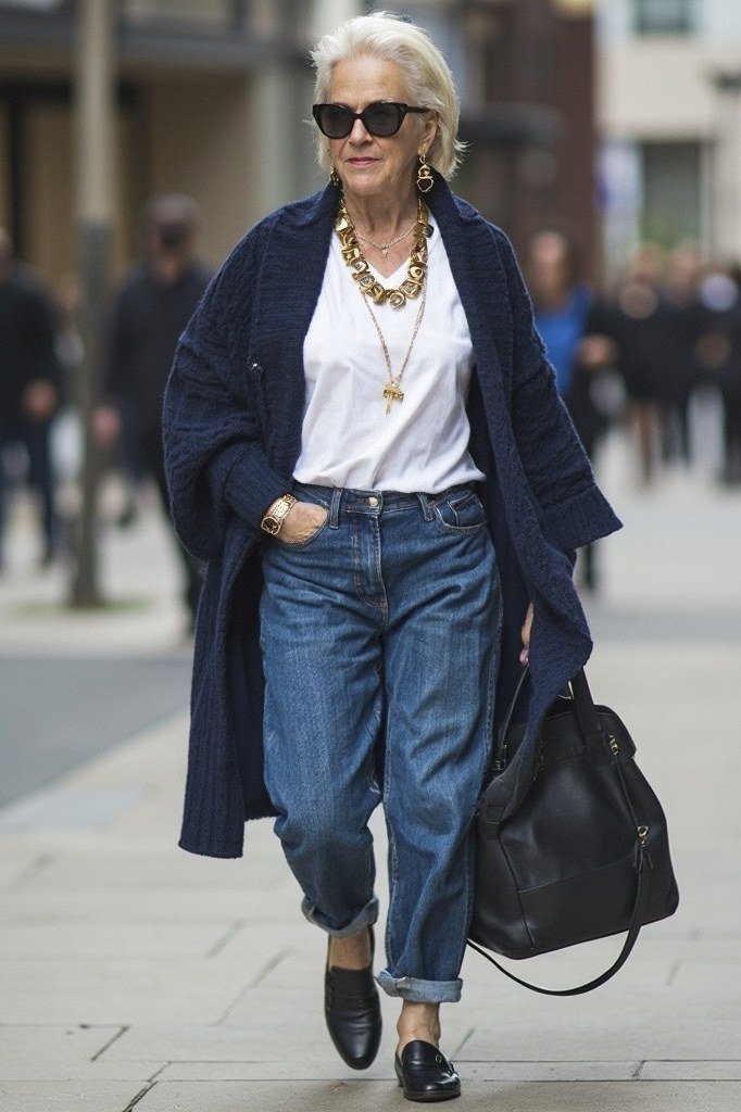 Navy wool coat with blue jeans on a shopping street, polished casual outfit for women over 50