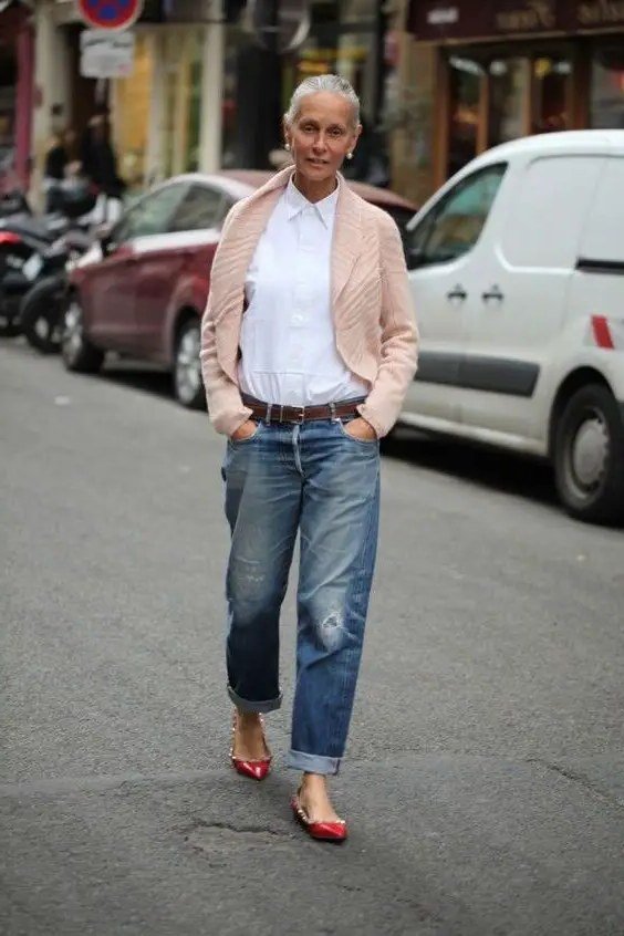 Blush pink cardigan with white shirt and jeans, soft casual outfit for women over 50