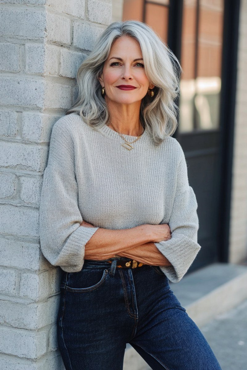 Cream knit sweater with dark jeans leaning on a brick wall, casual outfit for women over 50