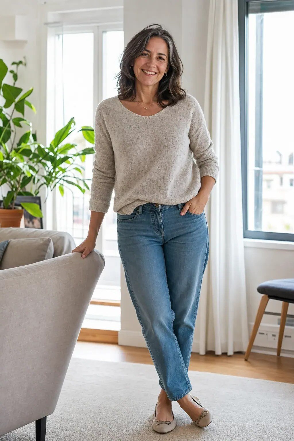 Beige sweater with blue jeans in a living room, comfortable casual outfit for women over 50