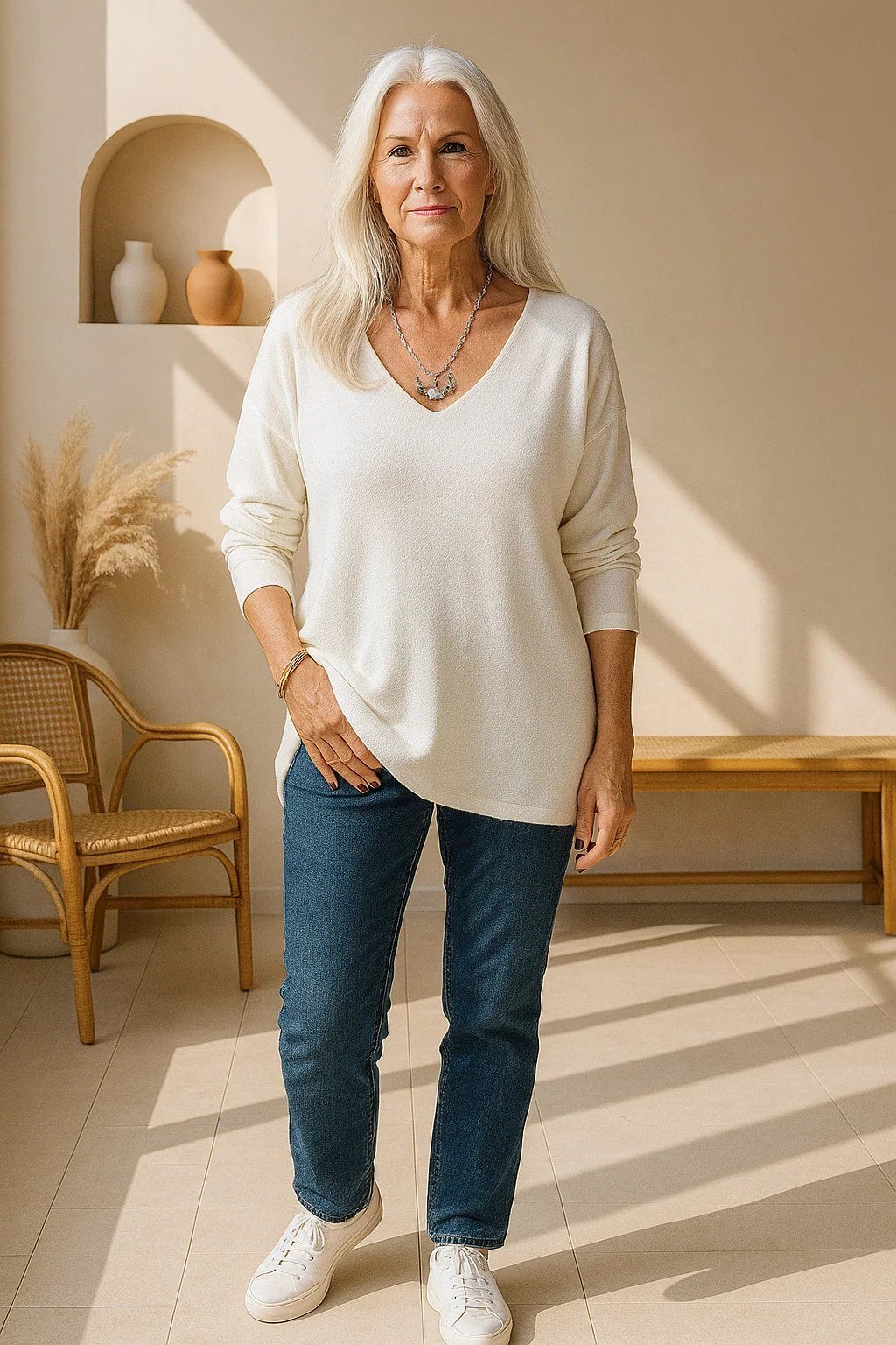 Cream v-neck sweater with dark jeans at home, simple casual outfit for women over 50