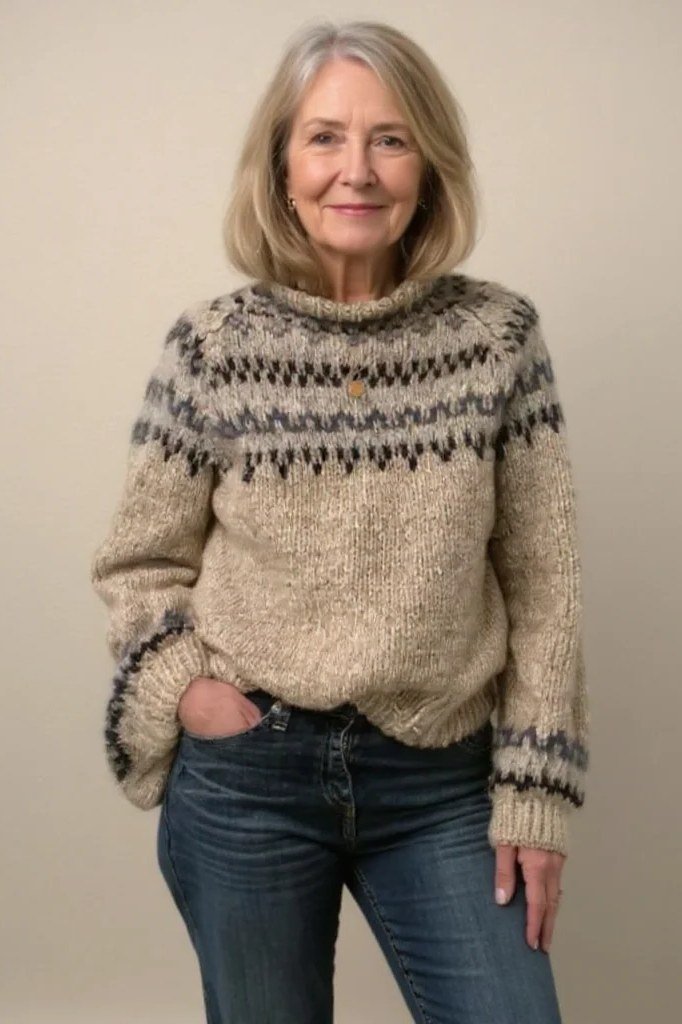Fair Isle knit sweater with dark jeans, cozy winter casual outfit for women over 50