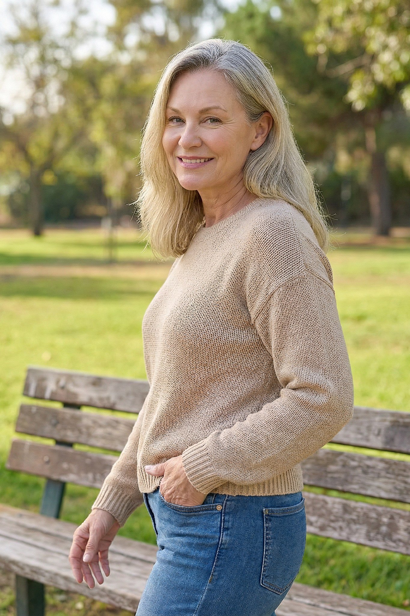 Camel sweater with blue jeans at a park, relaxed casual outfit for women over 50
