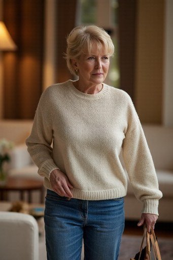 Cream chunky knit sweater with blue jeans at home, cozy casual outfit for women over 50