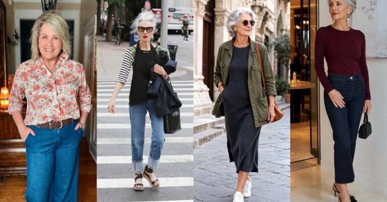 Collage of casual outfit ideas for women over 50