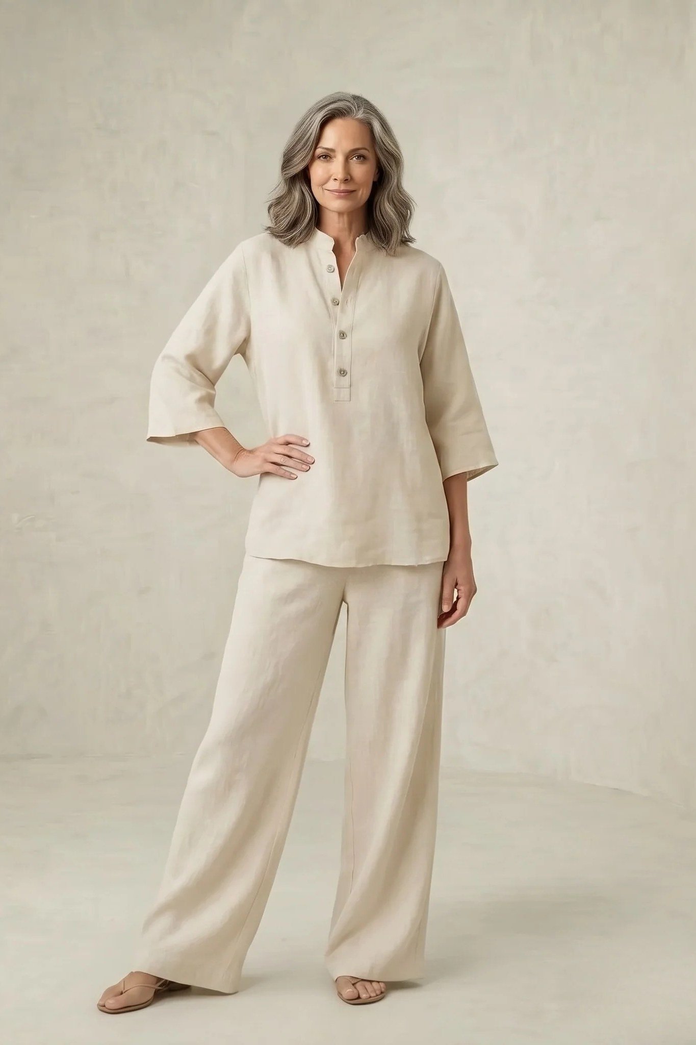 Ivory linen henley tunic and wide leg pants, classy casual outfit idea for women over 60