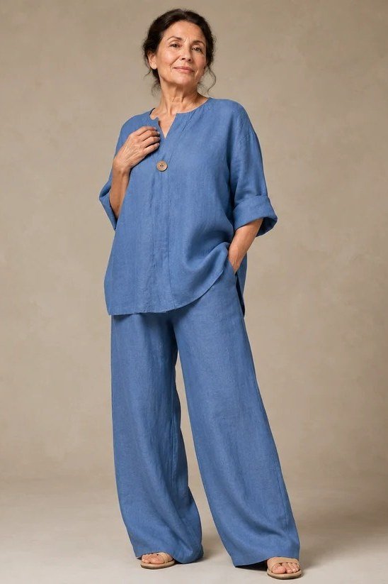 Periwinkle blue linen tunic and wide leg pants, classy casual outfit idea for women over 60
