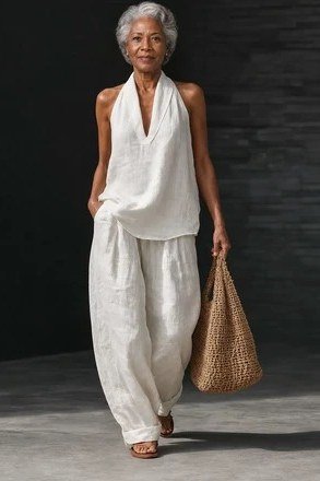 White halter top and white linen wide pants, classy casual outfit idea for women over 60