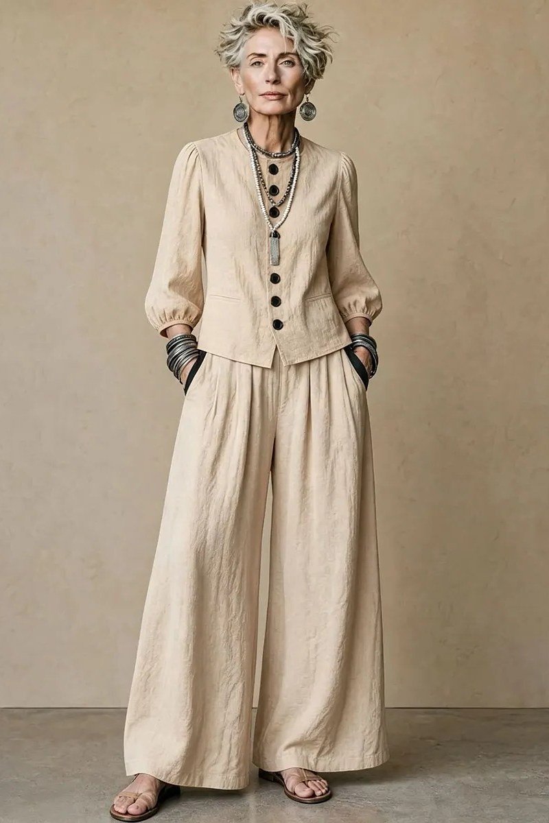 Champagne silk button blouse and palazzo pants, classy casual outfit idea for women over 60