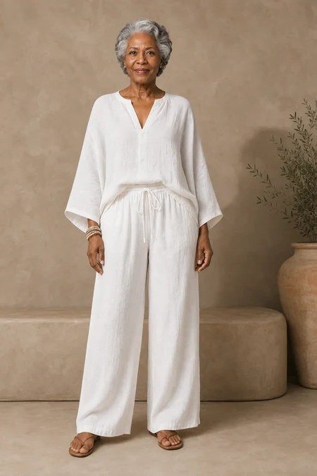 All white linen tunic and wide leg pants, classy casual outfit idea for women over 60