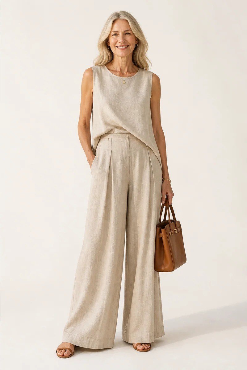 Sand sleeveless knit top and palazzo pants, classy casual outfit idea for women over 60