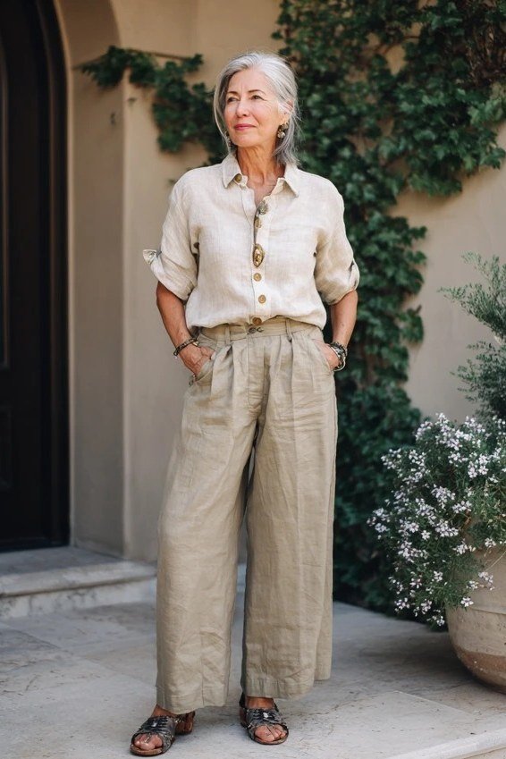 Stone linen shirt and drawstring pants, classy casual outfit idea for women over 60