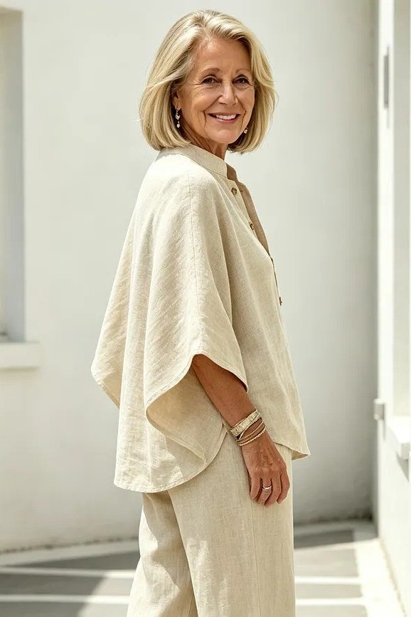 Cream knit poncho over cream pants, classy casual outfit idea for women over 60
