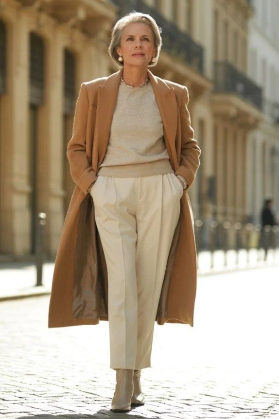 Camel coat over cream sweater and cream pants, classy casual outfit idea for women over 60