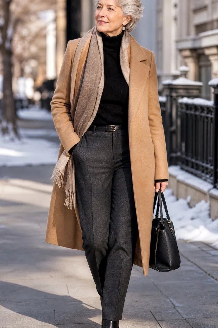 Camel coat over black turtleneck and grey trousers, classy casual outfit idea for women over 60
