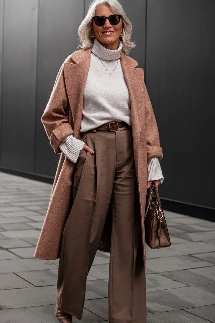 Dusty rose coat over white top and brown wide leg pants, classy casual outfit idea for women over 60
