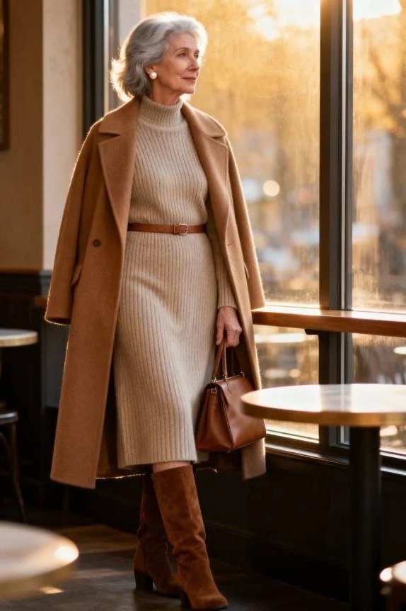 Camel coat over camel ribbed knit midi dress and brown knee boots, classy casual outfit idea for women over 60