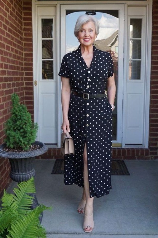 Navy midi shirt dress with white polka dots, classy casual outfit idea for women over 60