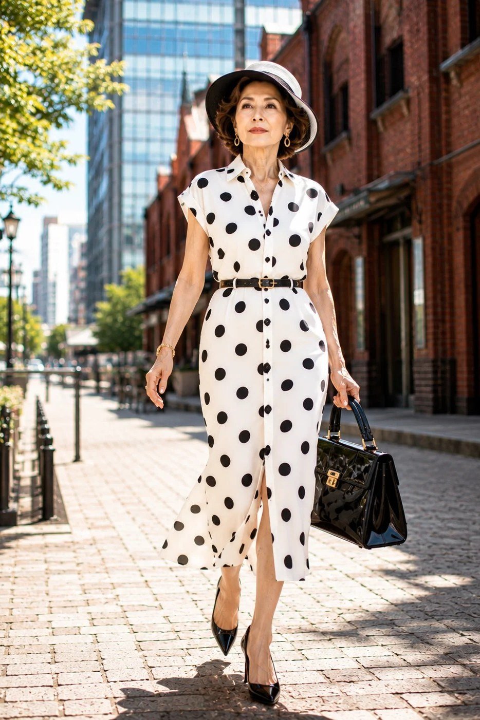White shirt dress with black polka dots and black hat, classy casual outfit idea for women over 60