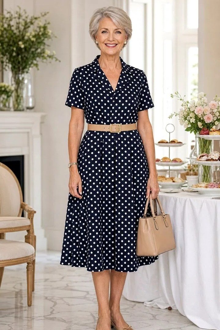 Navy dress with white polka dots and tan belt, classy casual outfit idea for women over 60
