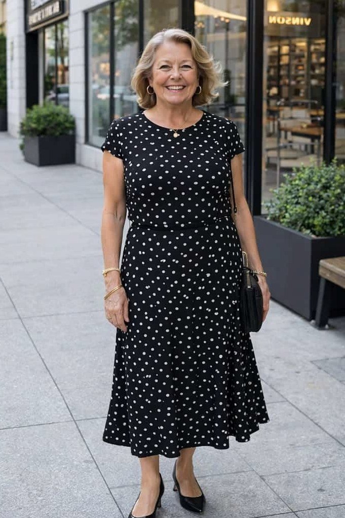 Black midi dress with white polka dots, classy casual outfit idea for women over 60