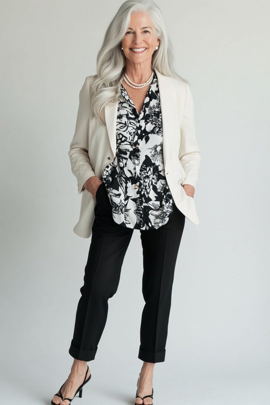 White blazer over black and white floral blouse and black pants, classy casual outfit idea for women over 60
