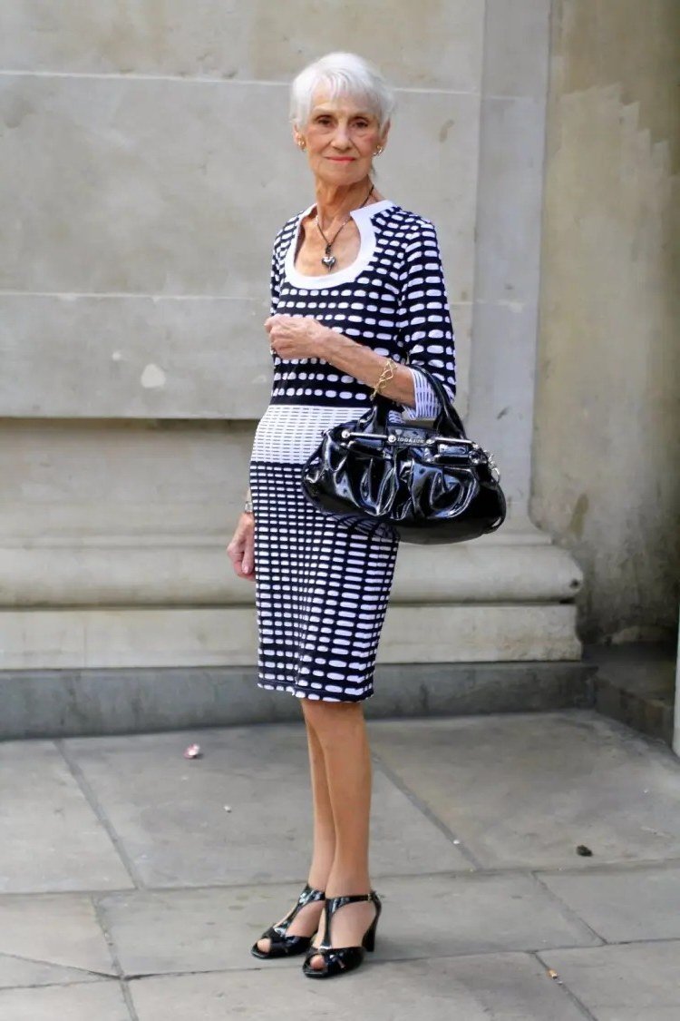 Black and white gingham fit and flare dress, classy casual outfit idea for women over 60